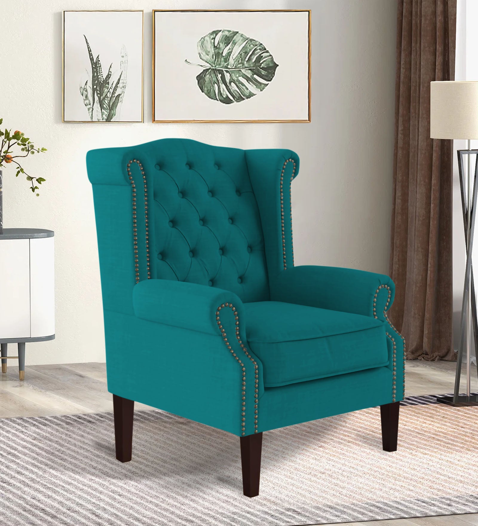 Nottage Fabric Wing Chair In Sea Green Colour - Febonic Living