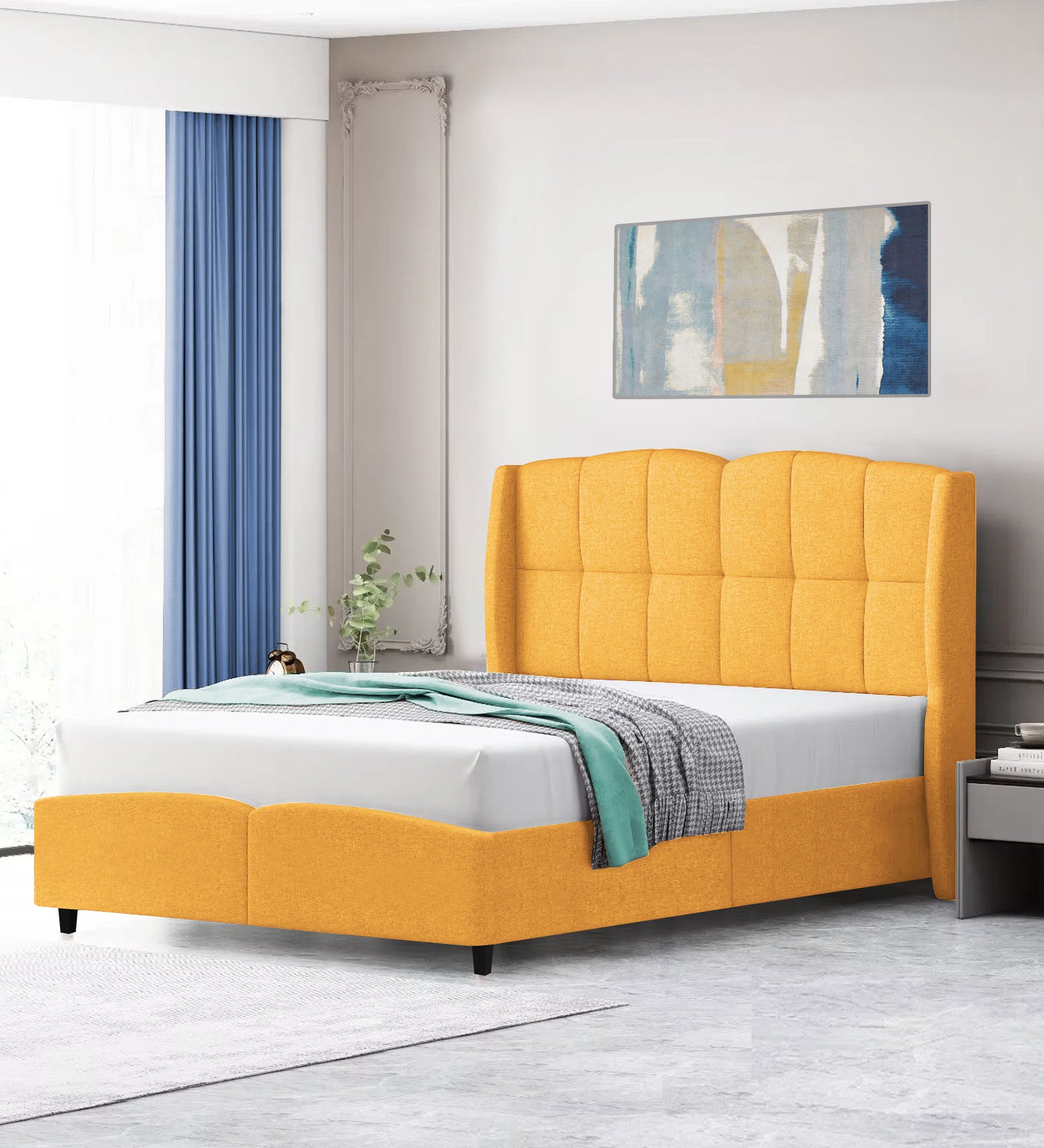 Jovi Velvet Queen Size Bed In Turmeric Yellow In Colour - Febonic Living