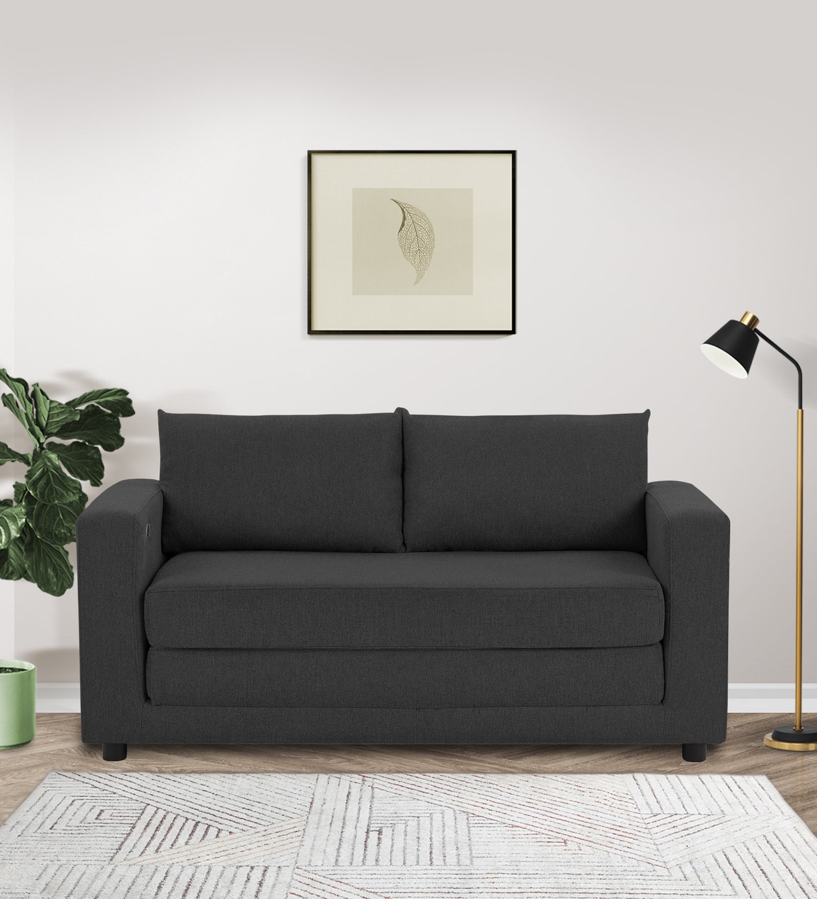 Roman Fabric 3 Seater Foldable Sofa Cum Bed In Charcoal Grey Colour With USB Portable Type - Febonic Living