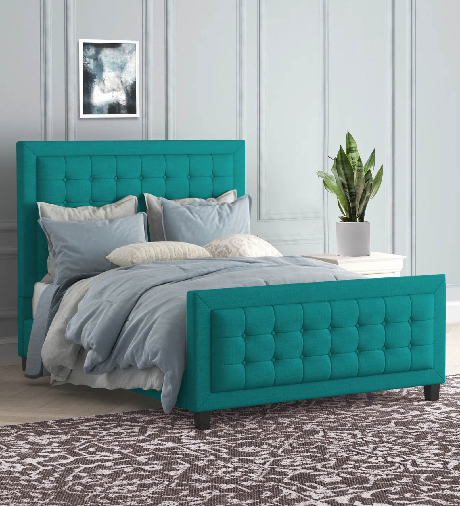 Kaster Fabric Queen Size Bed In Sea Green Colour - Febonic Living