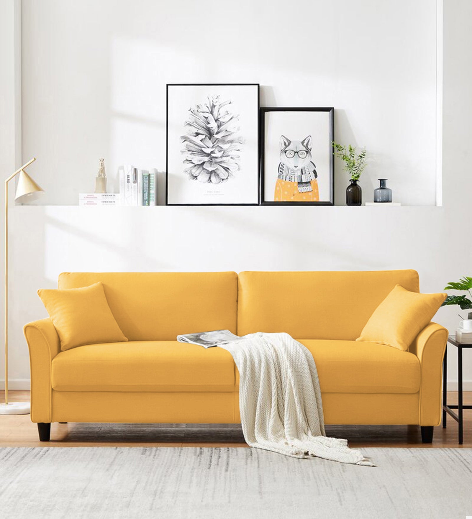 Daroo Velvet 3 Seater Sofa In Turmeric Yellow Colour - Febonic Living