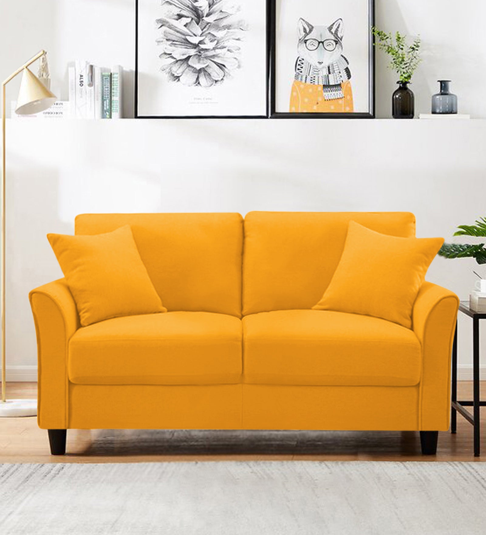 Daroo Velvet 2 Seater Sofa In Safforn Yellow Colour - Febonic Living