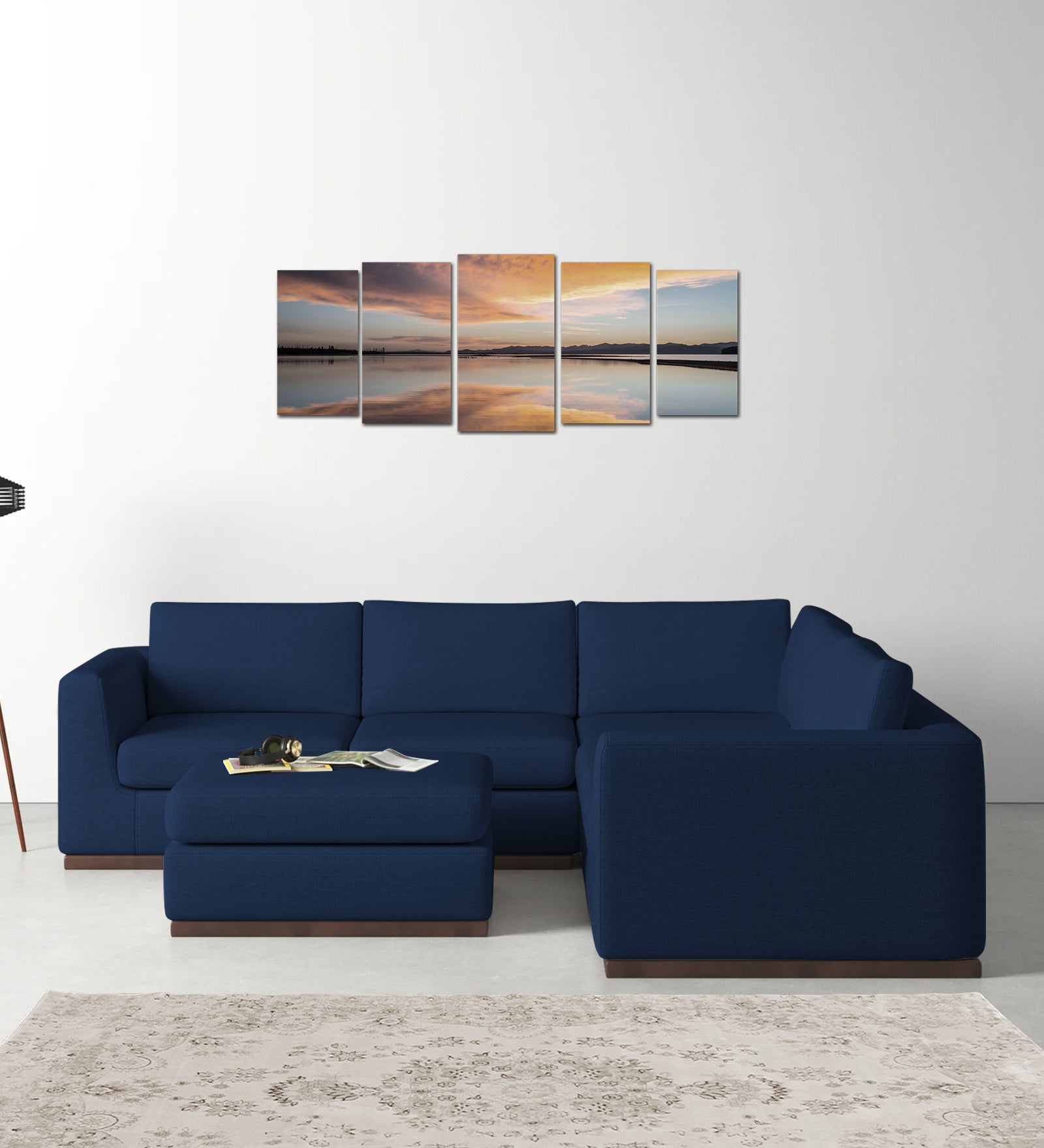 Freedom Velvet 6 Seater RHS Corner Sofa In Imperial Blue Colour With Ottoman - Febonic Living