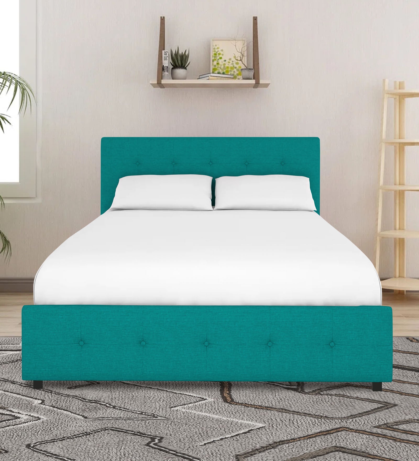 Lido Fabric Queen Size Bed In Sea Green Colour With Drawer Storage - Febonic Living
