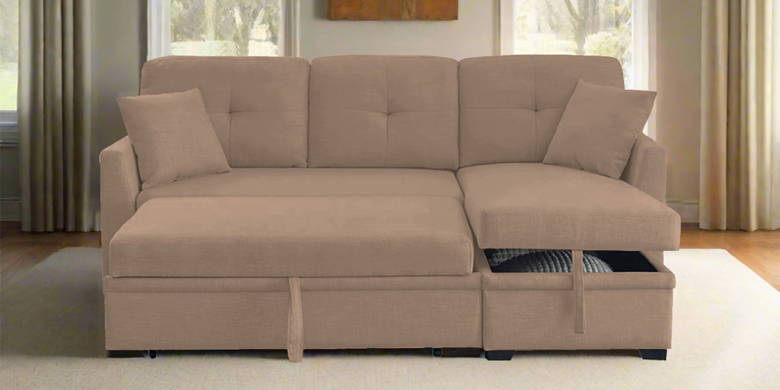 Jody Fabric 3 Seater Pull Out Sofa Cum Bed In Cookie Beige Colour With Storage - Febonic Living