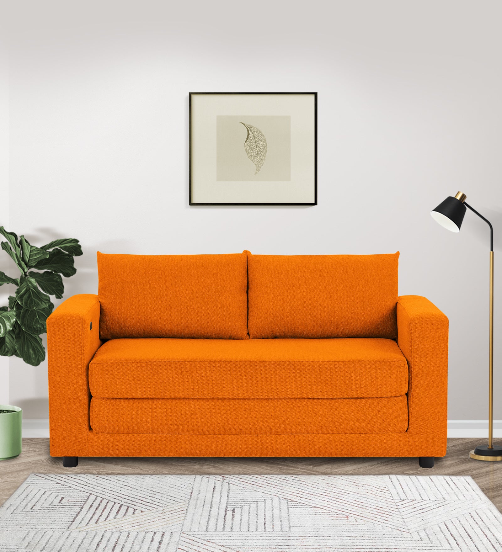 Roman Fabric 3 Seater Foldable Sofa Cum Bed In Vivid Orange Colour With USB Portable Type - Febonic Living