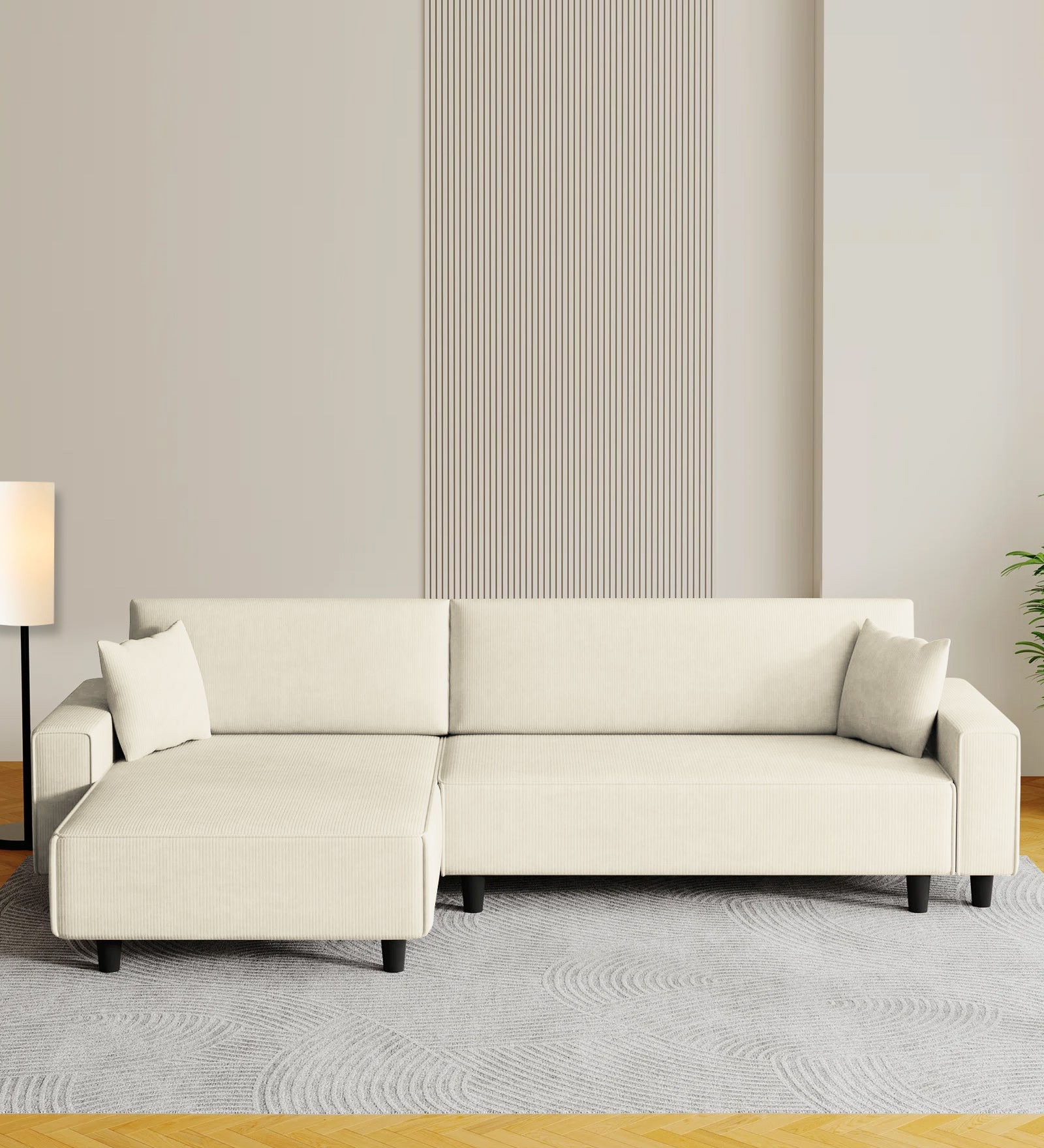 Peach Fabric RHS 6 Seater Sofa Cum Bed With Storage In Ivory Cream Colour - Febonic Living