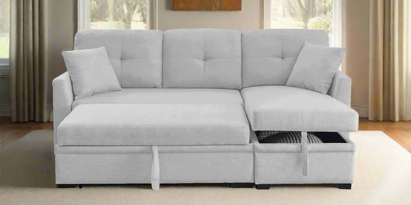 Jody Fabric 3 Seater Pull Out Sofa Cum Bed In Lit Grey Colour With Storage - Febonic Living