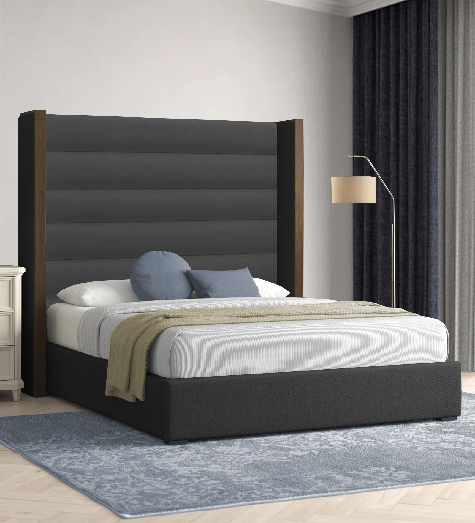 Sunny Fabric Queen Size Bed In Charcoal Grey Colour - Febonic Living