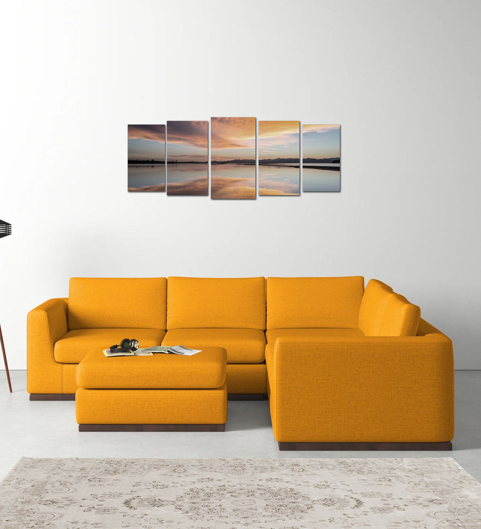 Freedom Velvet 6 Seater RHS Corner Sofa In Safforn Yellow Colour With Ottoman - Febonic Living