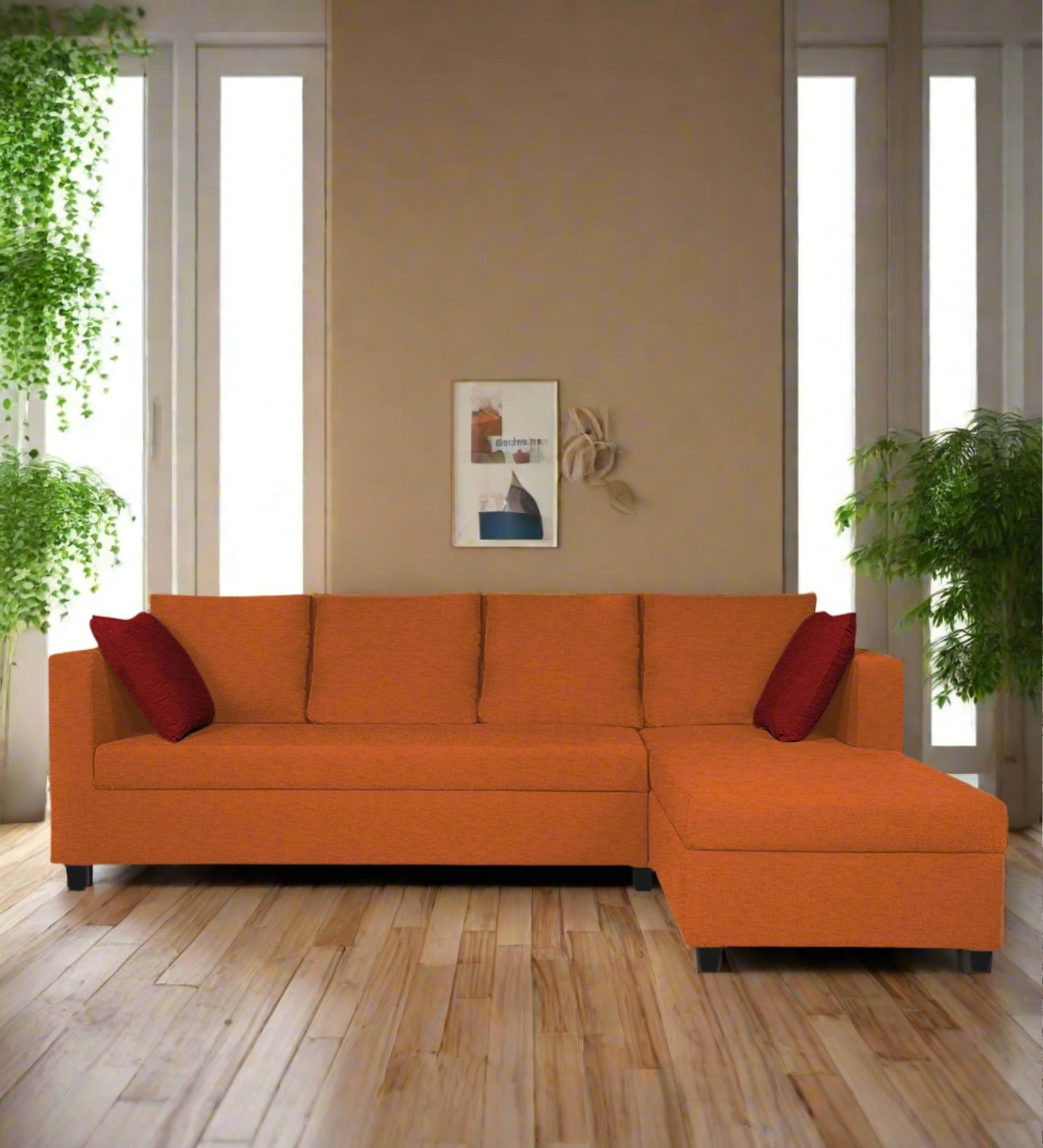 Nebula Fabric LHS Sectional Sofa (3+Lounger) In Vivid Orange Colour - Febonic Living