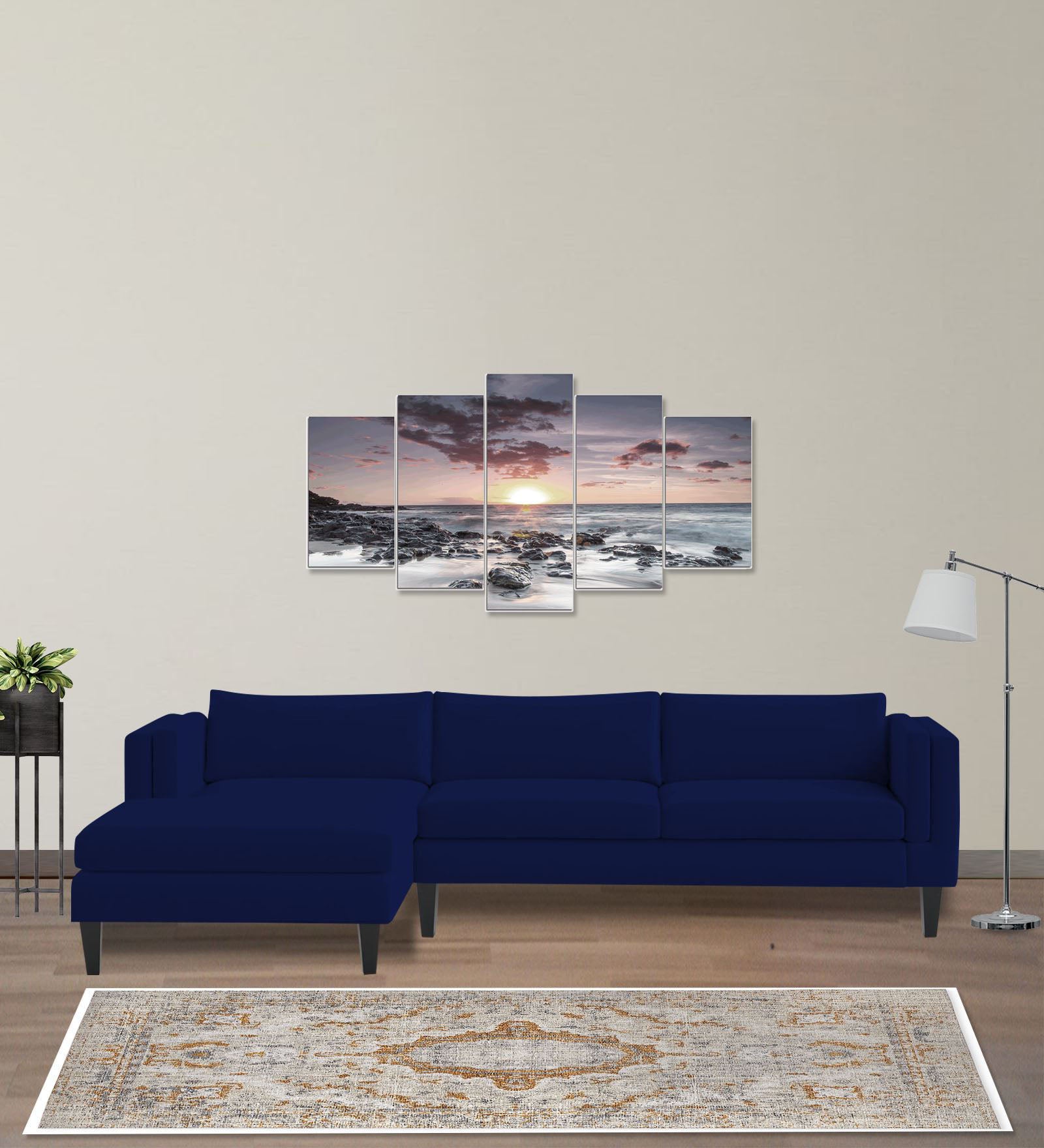 Jasper Velvet RHS Sectional Sofa (3+Lounger) In Dark Blue Colour - Febonic Living