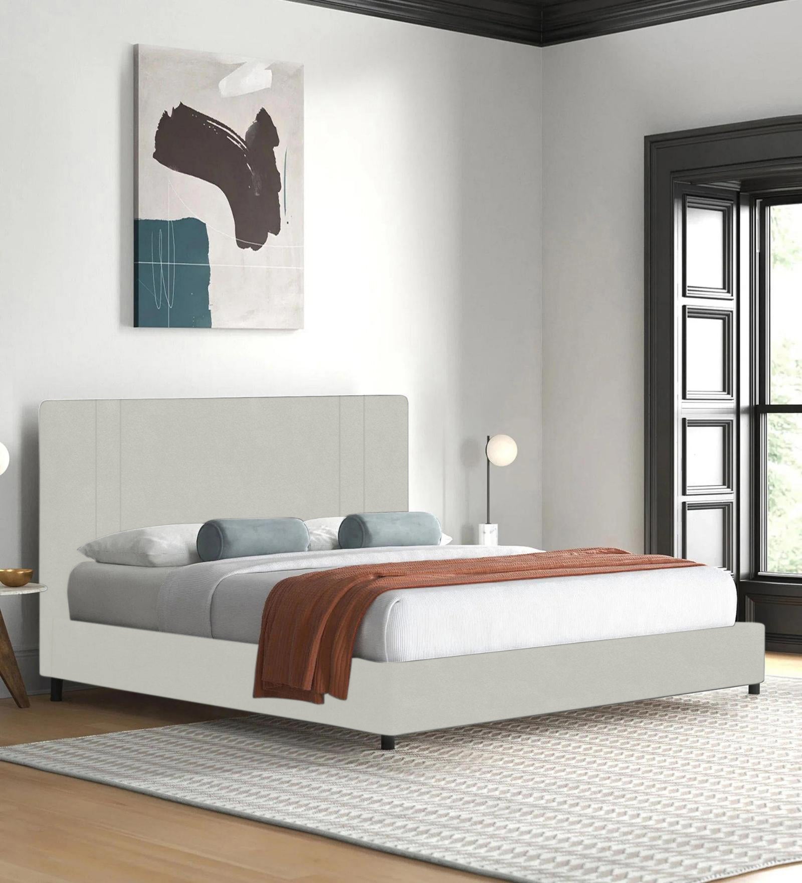 Asyra Velvet Queen Size Bed in Bone Grey Colour With Box Storage - Febonic Living