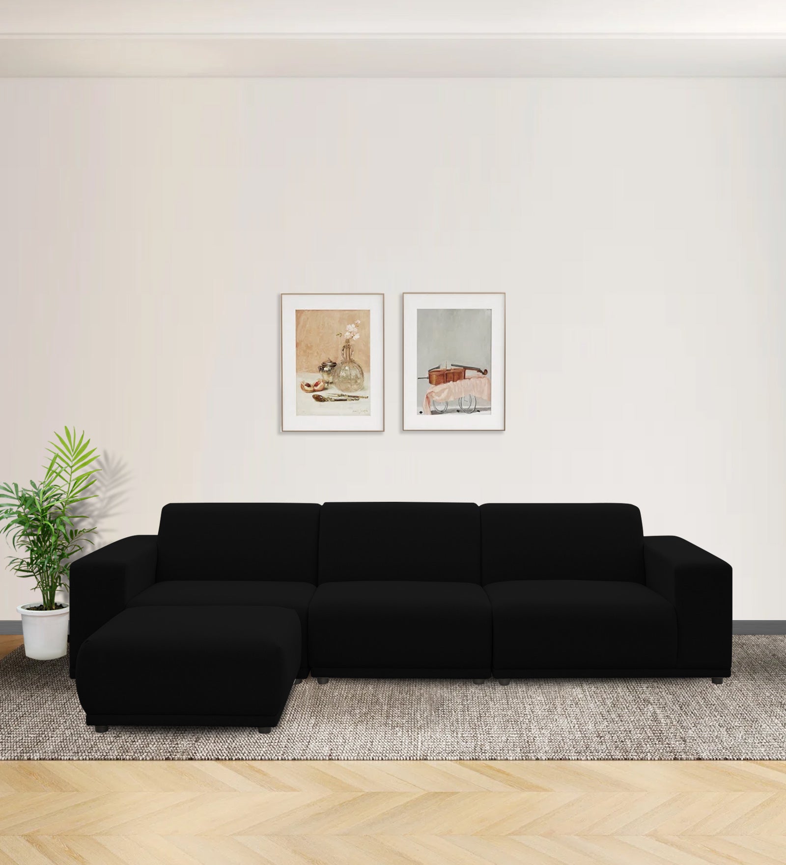 Adam Fabric LHS Sectional Sofa (3+Ottoman Lounger) In Zed Black Colour - Febonic Living