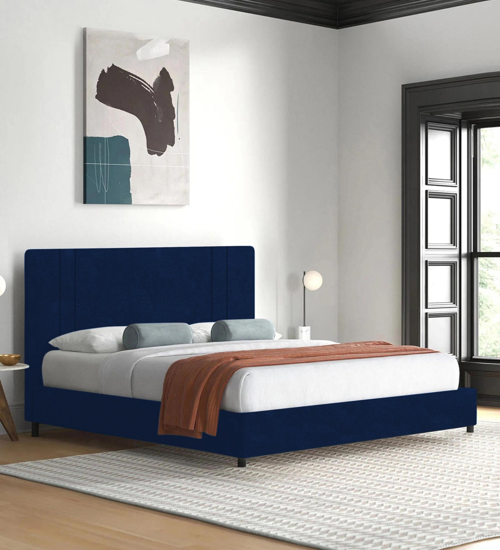 Asyra Velvet Queen Size Bed in Imperial Blue Colour With Box Storage - Febonic Living