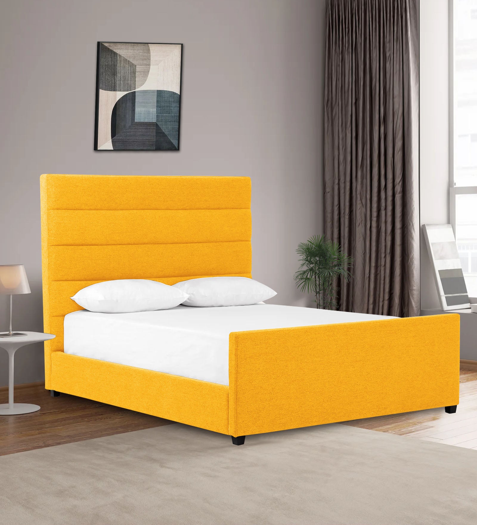 Pollen Fabric Queen Size Bed In Bold Yellow Colour - Febonic Living