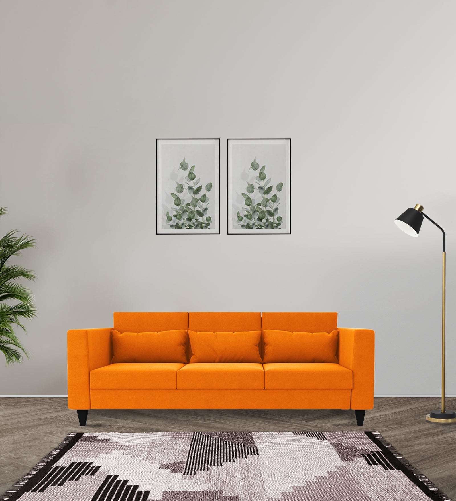 Nipul Fabric 3 Seater Sofa In Vivid Orange Colour - Febonic Living