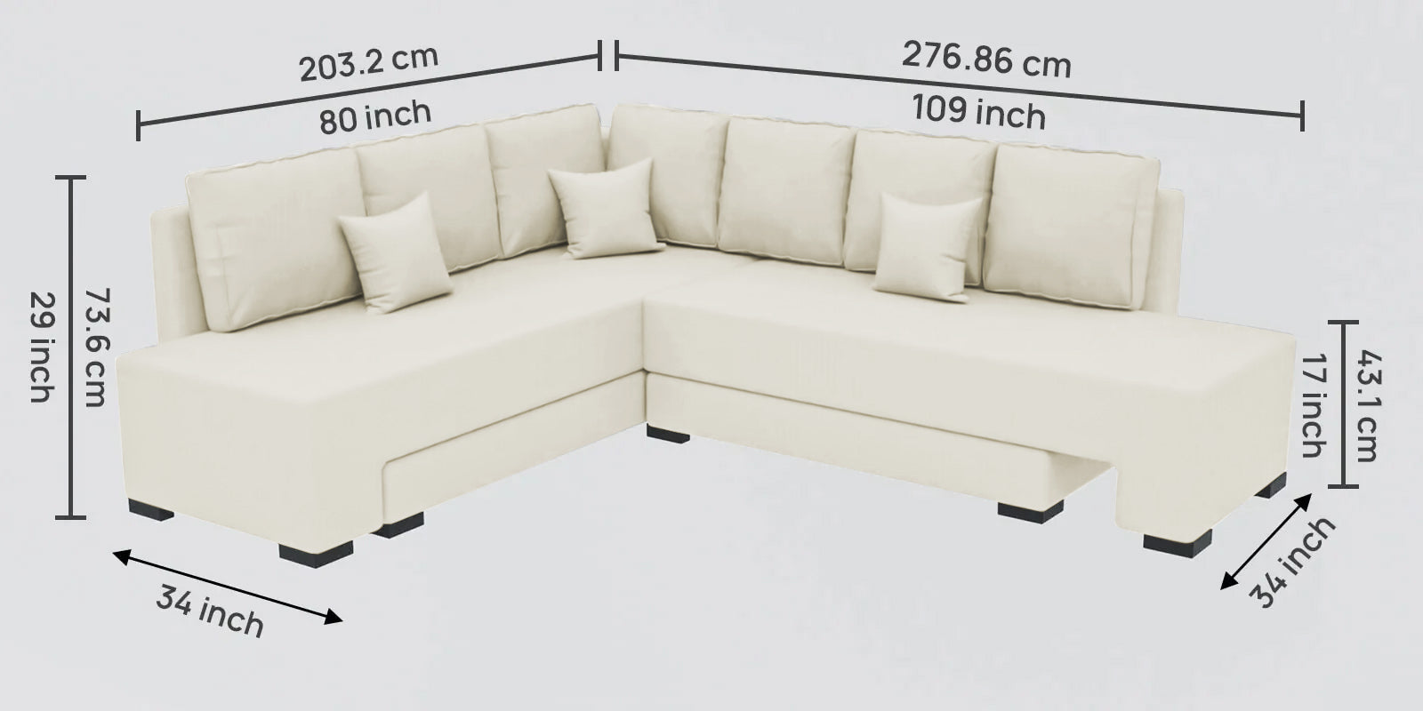 Corby Velvet LHS 6 Seater Convertible Sofa Cum Bed In Warm White Colour - Febonic Living