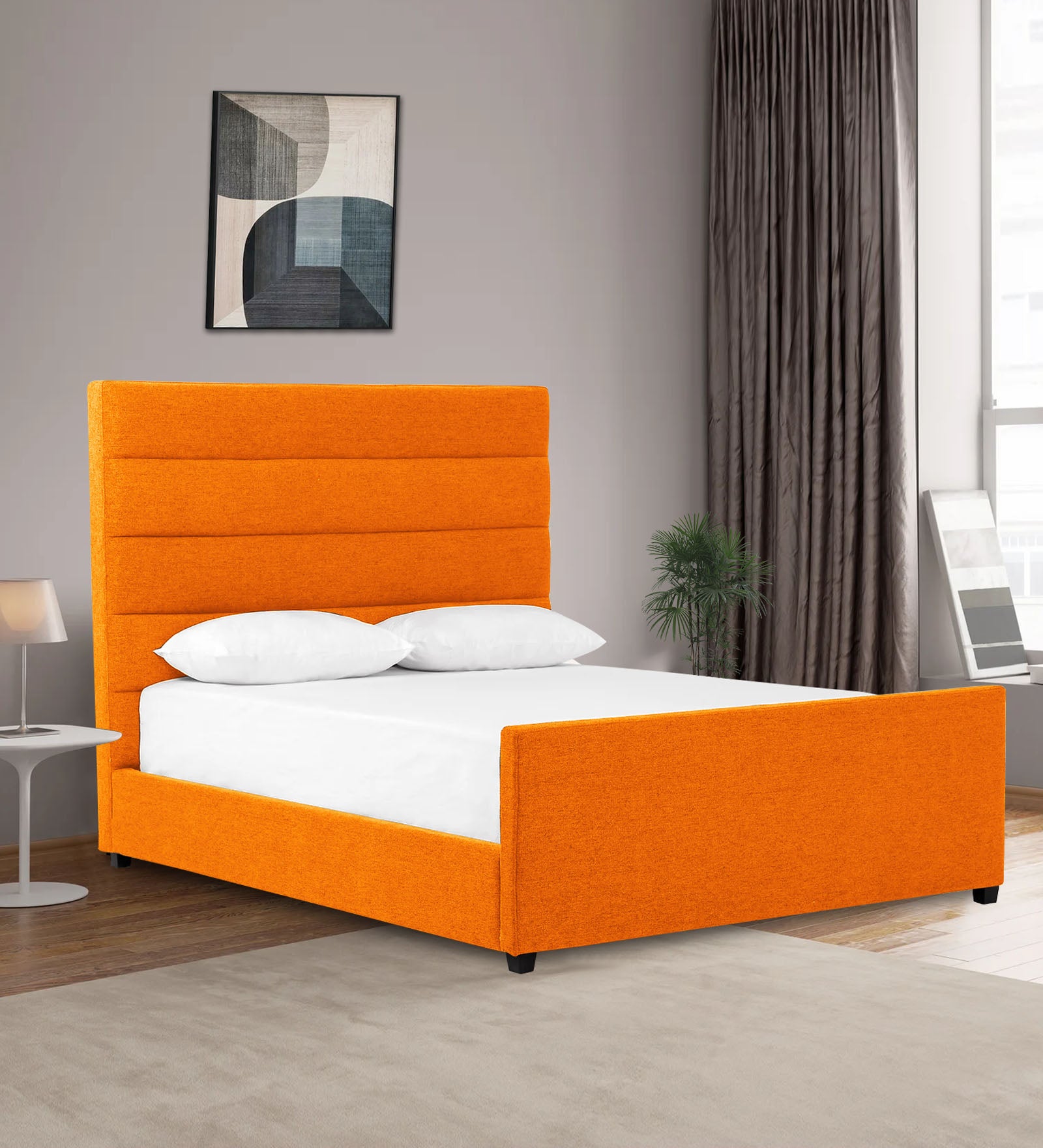 Pollen Fabric Queen Size Bed In Vivid Orange Colour - Febonic Living