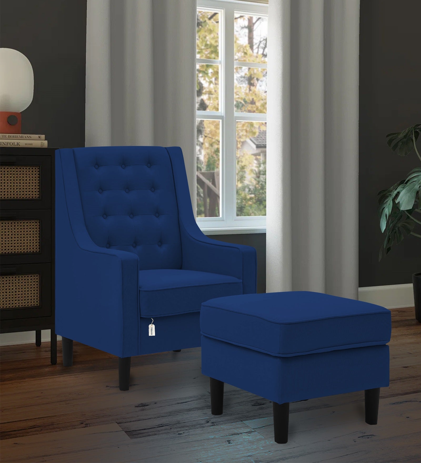 Sona Fabric Barrel Chair + Ottoman in Royal Blue Colour