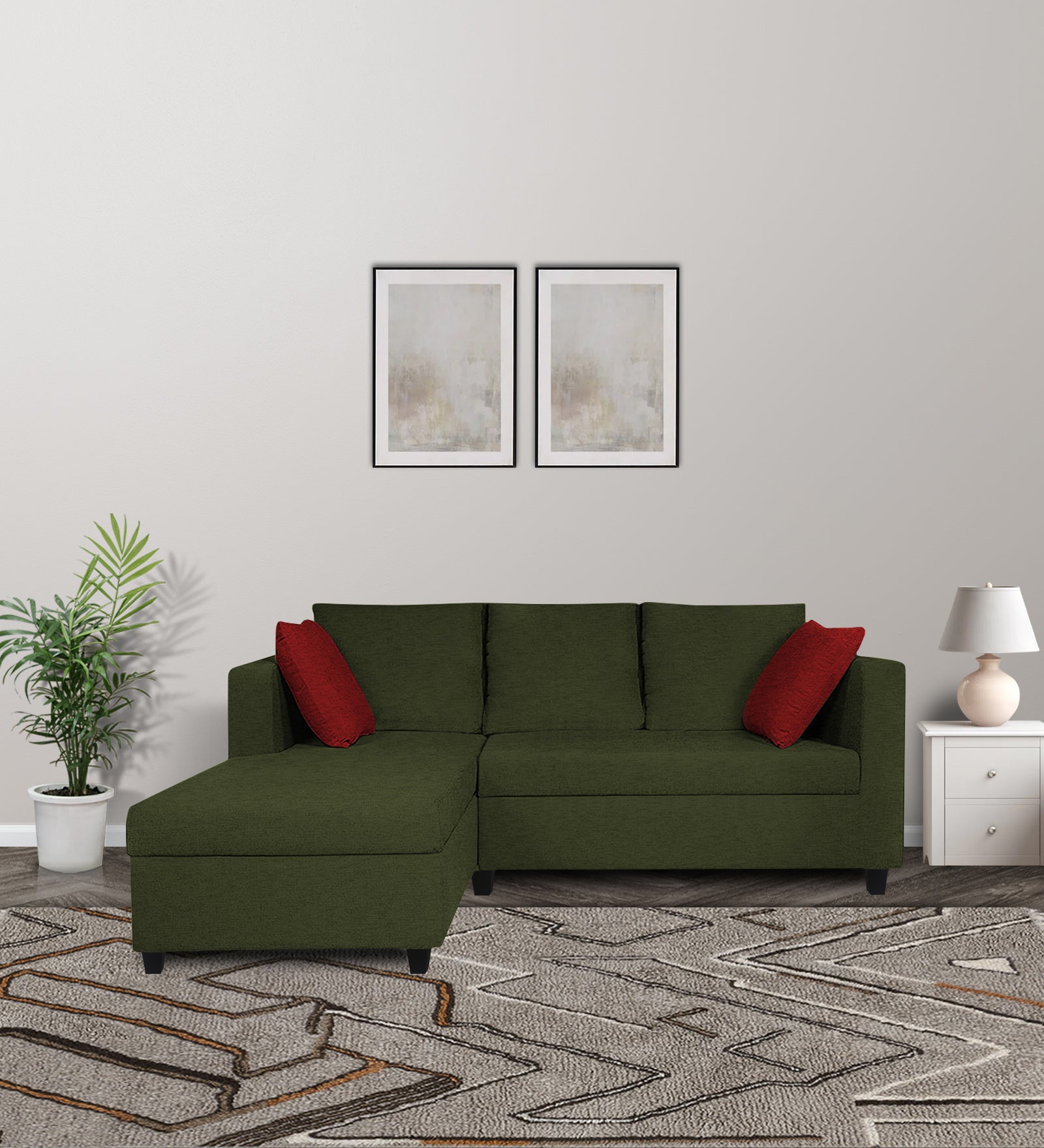 Nebula Fabric RHS Sectional Sofa (2+Lounger) In Olive Green Colour - Febonic Living