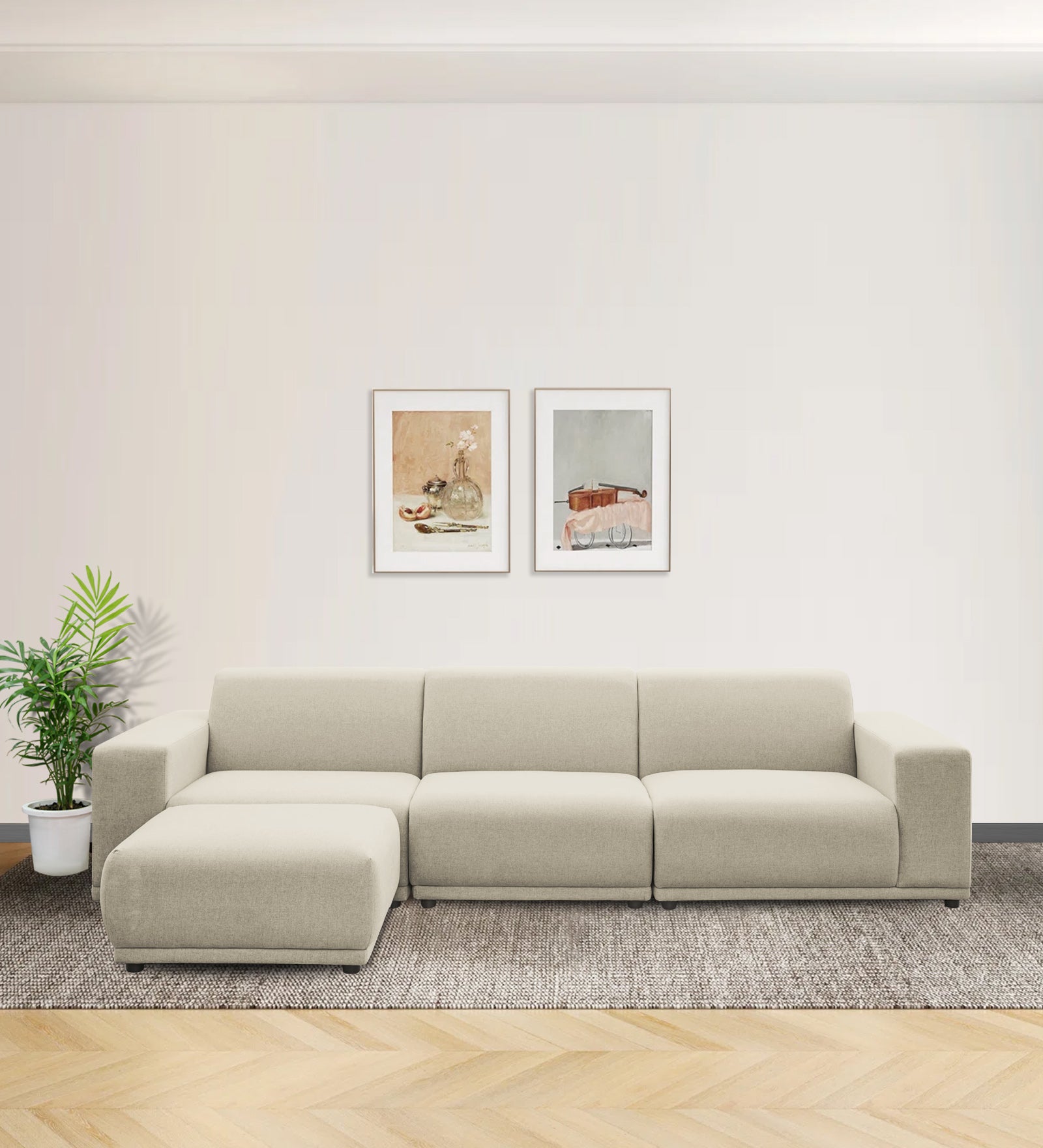 Adam Fabric LHS Sectional Sofa (3+Ottoman Lounger) In Ivory Cream Colour - Febonic Living