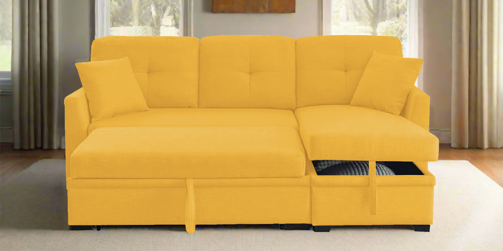 Jody Fabric 3 Seater Pull Out Sofa Cum Bed In Bold Yellow Colour With Storage - Febonic Living