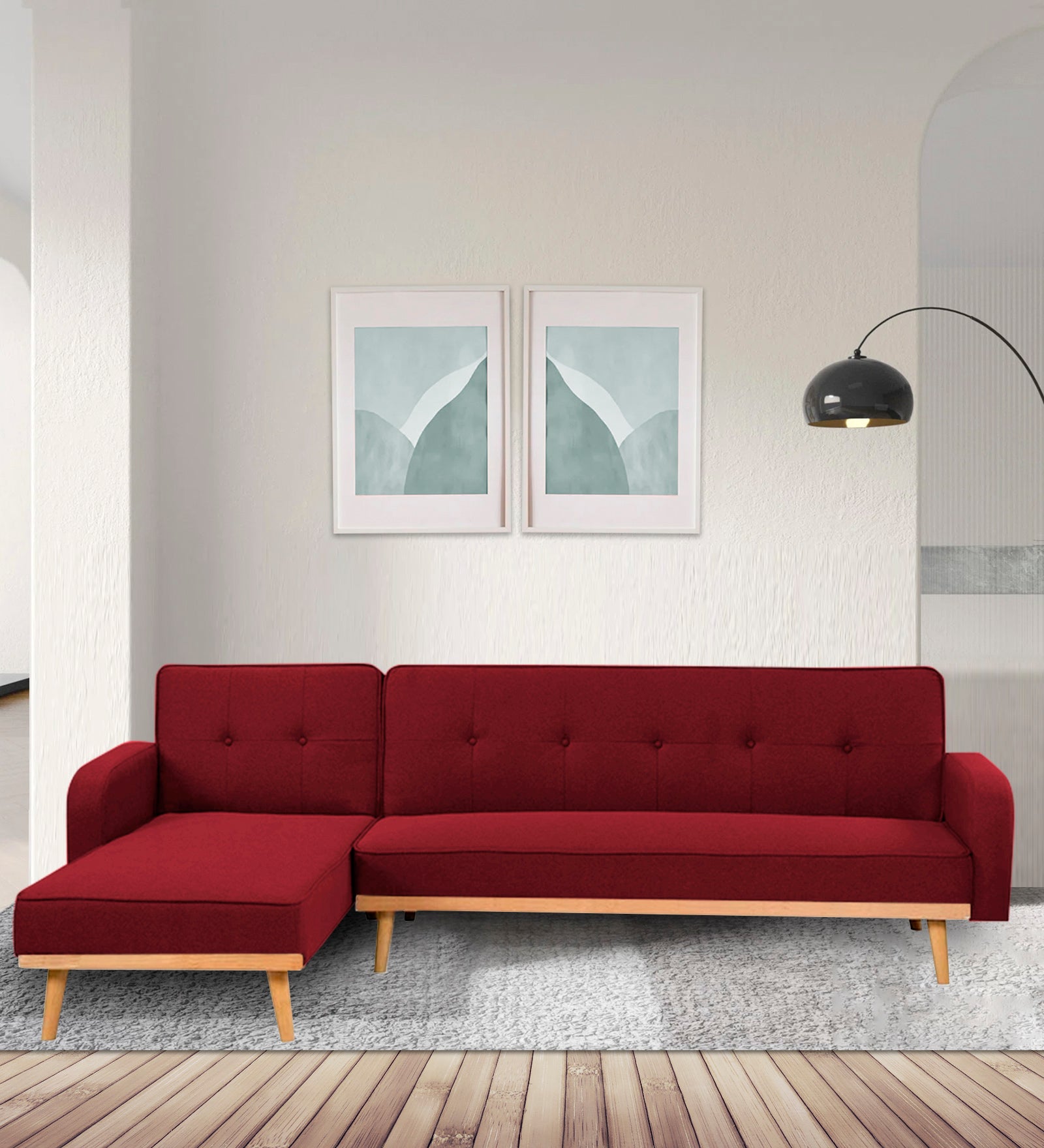 Zuno Fabric RHS Convertible Sofa Cum Bed In Blood Maroon Colour - Febonic Living