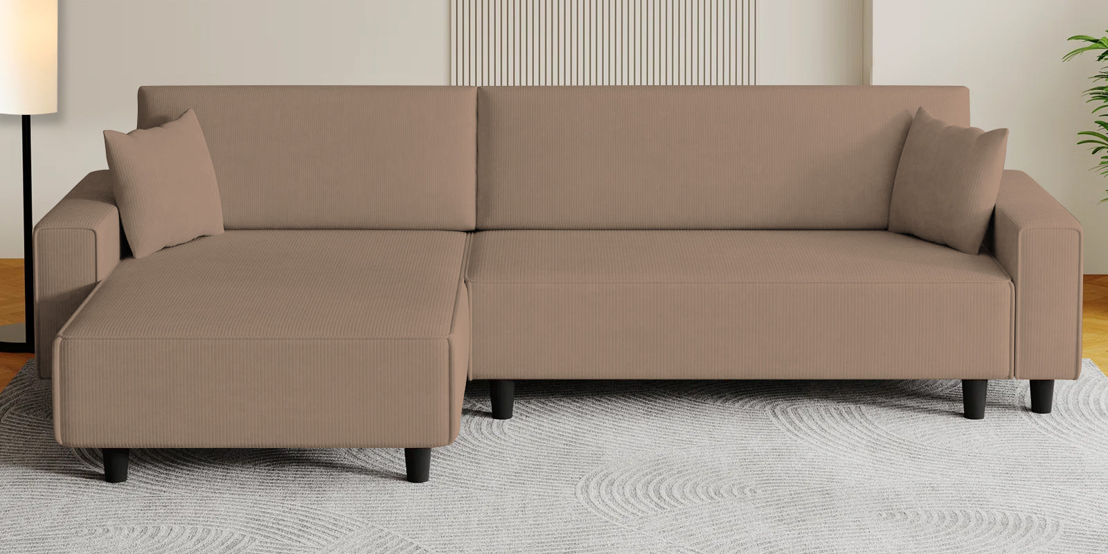 Peach Fabric RHS 6 Seater Sofa Cum Bed With Storage In Cookie Beige Colour - Febonic Living