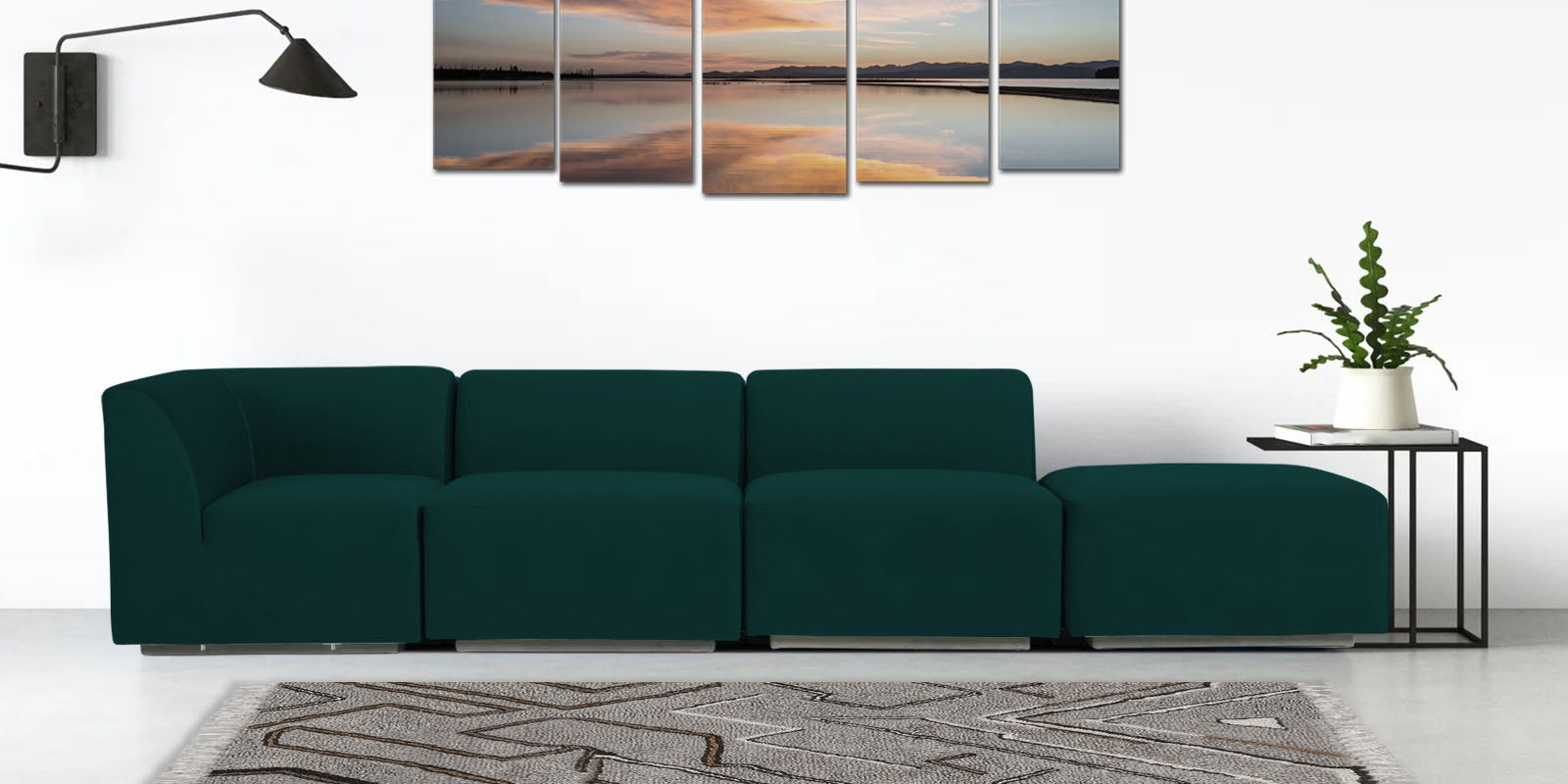 Bufa Velvet RHS Sectional Sofa In Forest Green Colour With Ottoman - Febonic Living