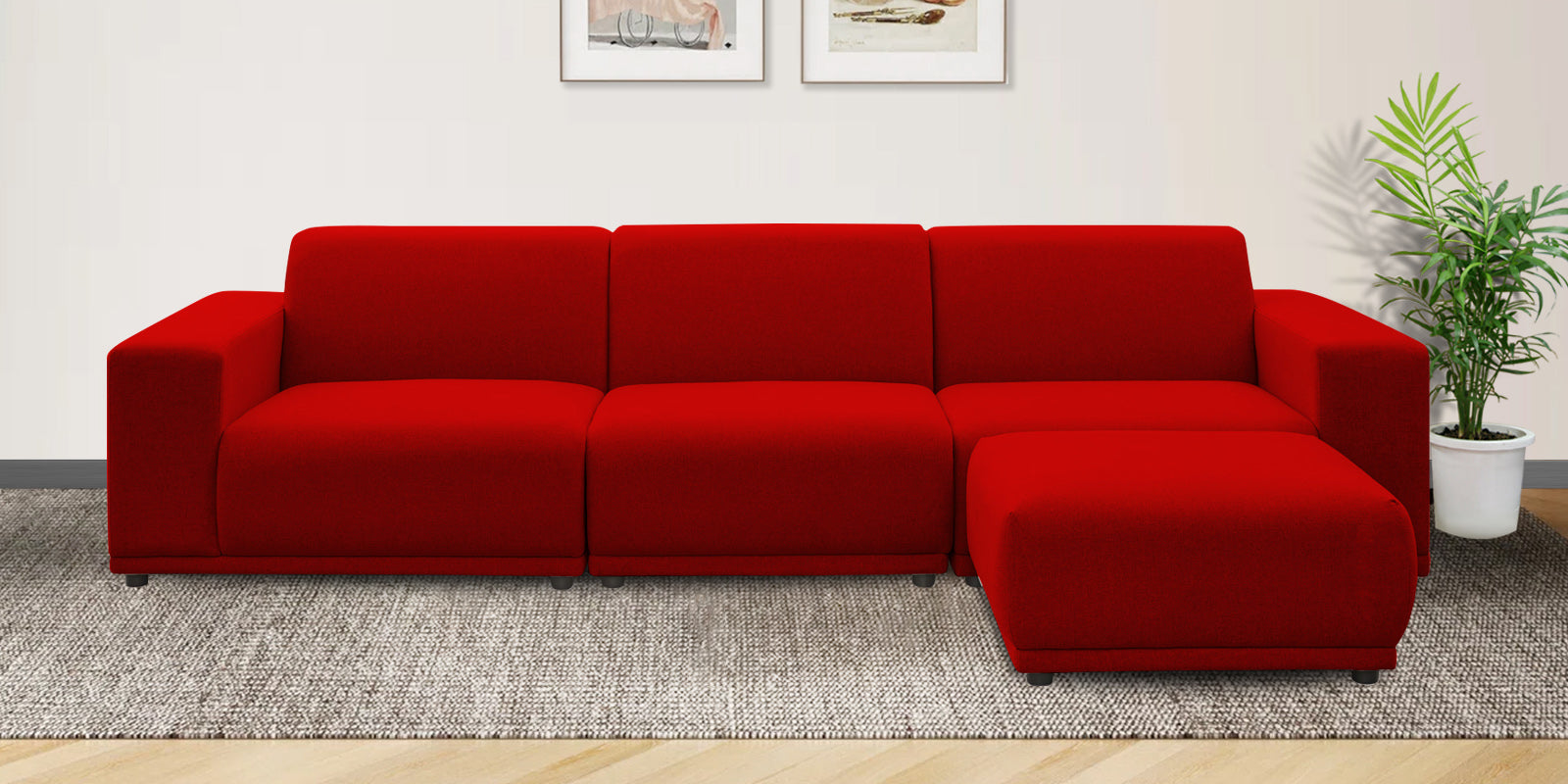 Adam Fabric RHS Sectional Sofa (3+Ottoman Lounger) In Ruby Red Colour - Febonic Living