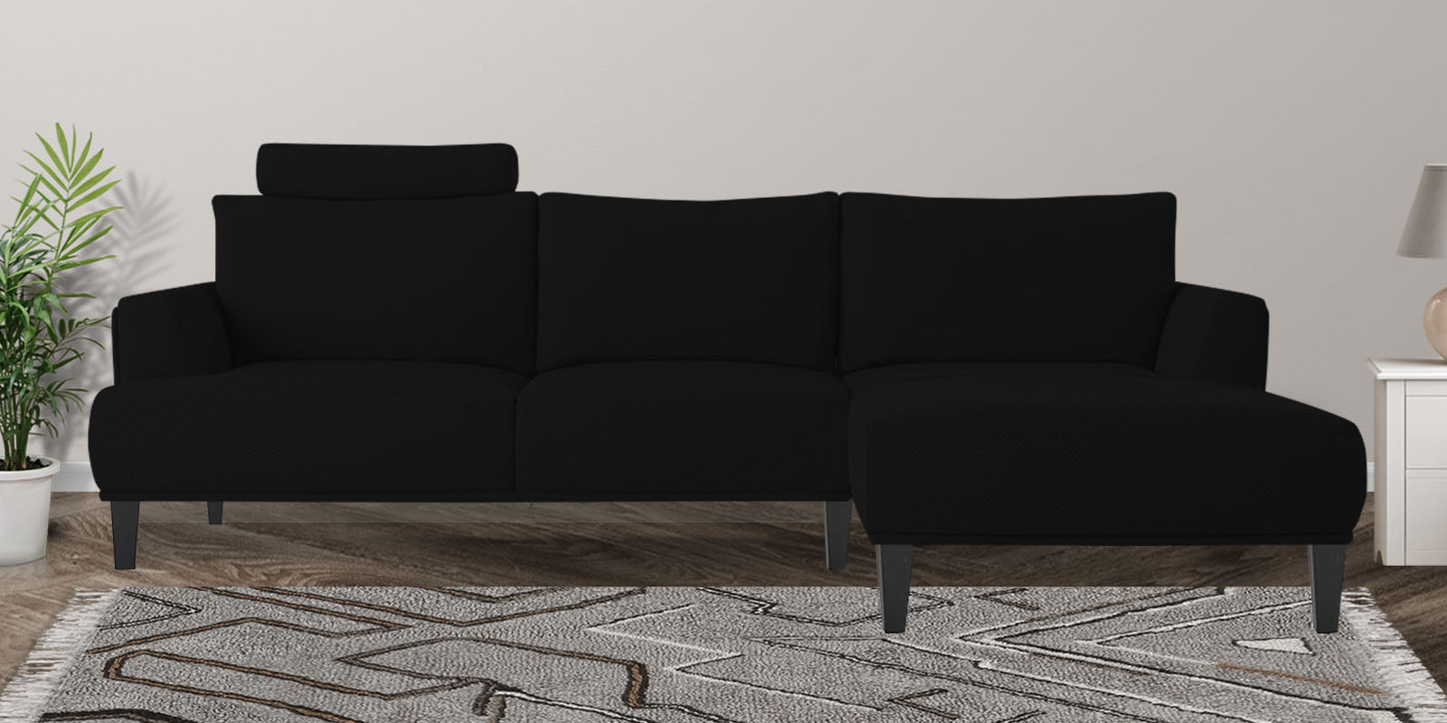 Como Fabric LHS Sectional Sofa (3+Lounger) In Zed Black Colour - Febonic Living