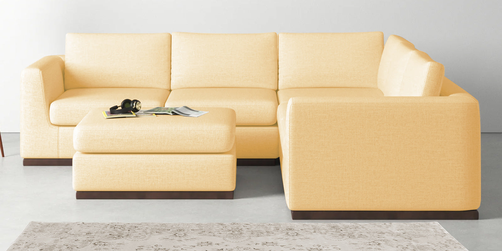 Freedom Velvet 6 Seater RHS Corner Sofa In Sandy Beige Colour With Ottoman - Febonic Living