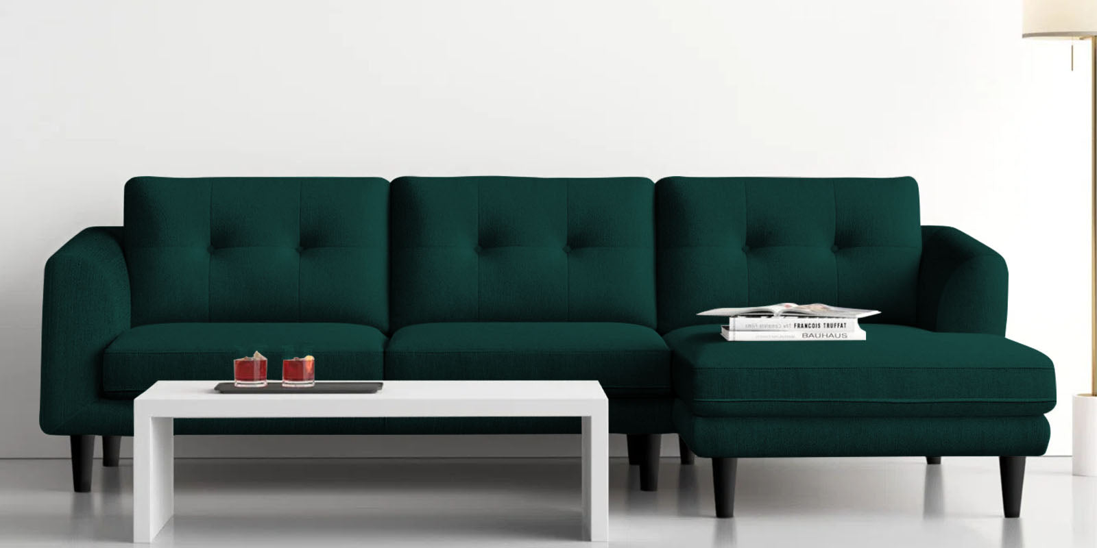 Natasha Velvet LHS Sectional Sofa (3+Lounger) In Forest Green Colour - Febonic Living