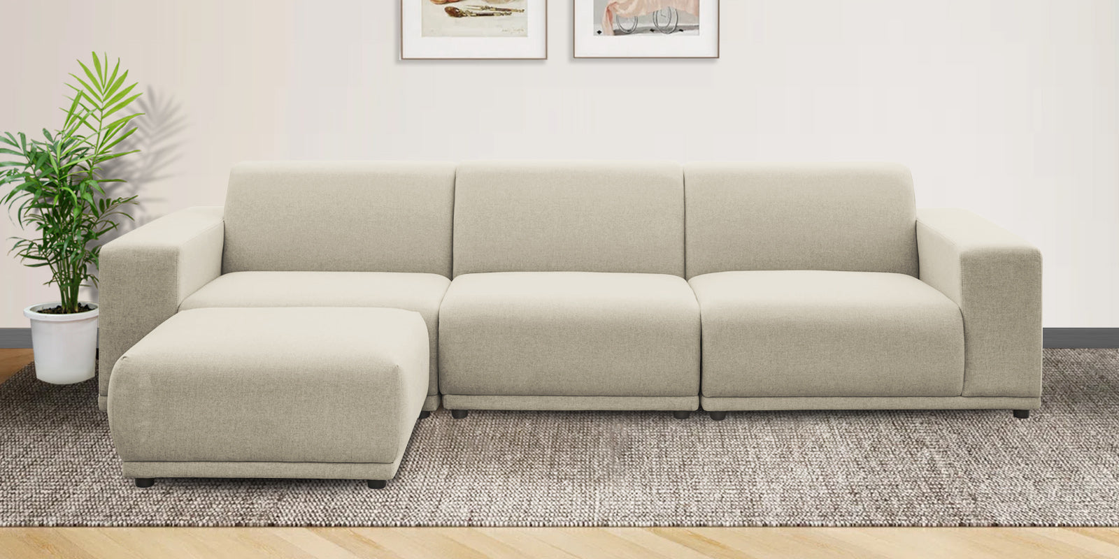 Adam Fabric LHS Sectional Sofa (3+Ottoman Lounger) In Ivory Cream Colour - Febonic Living