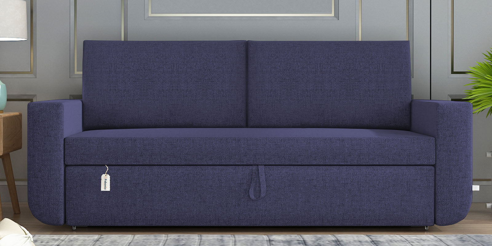 Grace Fabric 3 Seater Pull Out Sofa Cum Bed In Slate Blue Colour With Storage - Febonic Living