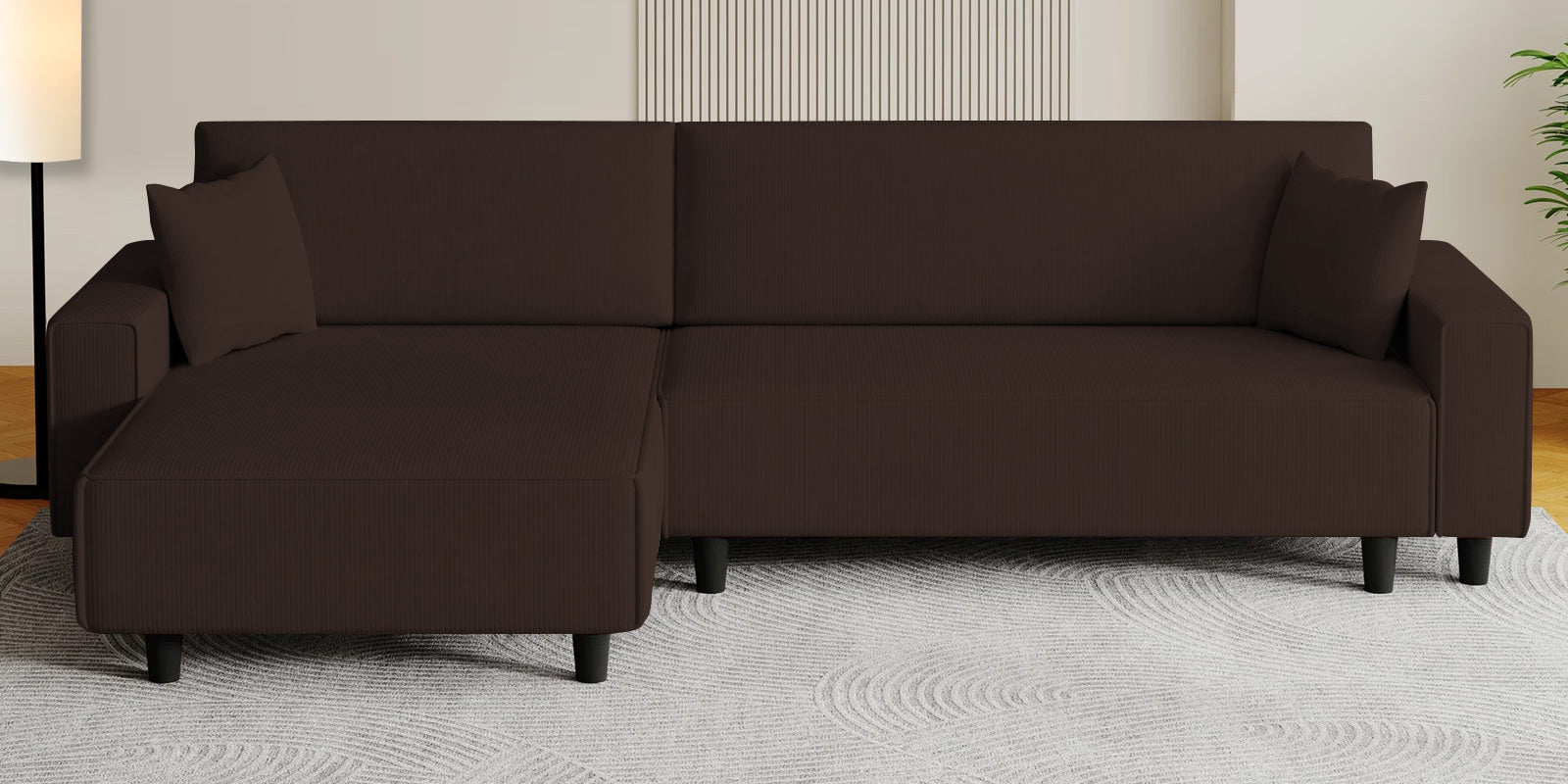 Peach Fabric RHS 6 Seater Sofa Cum Bed With Storage In Coffee Brown Colour - Febonic Living