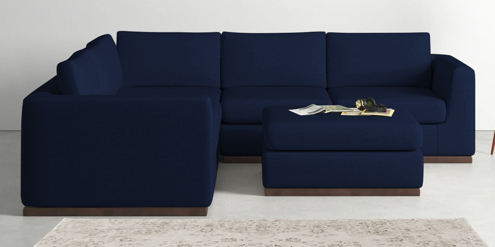 Freedom Velvet 6 Seater LHS Corner Sofa In Indigo Blue Colour With Ottoman - Febonic Living