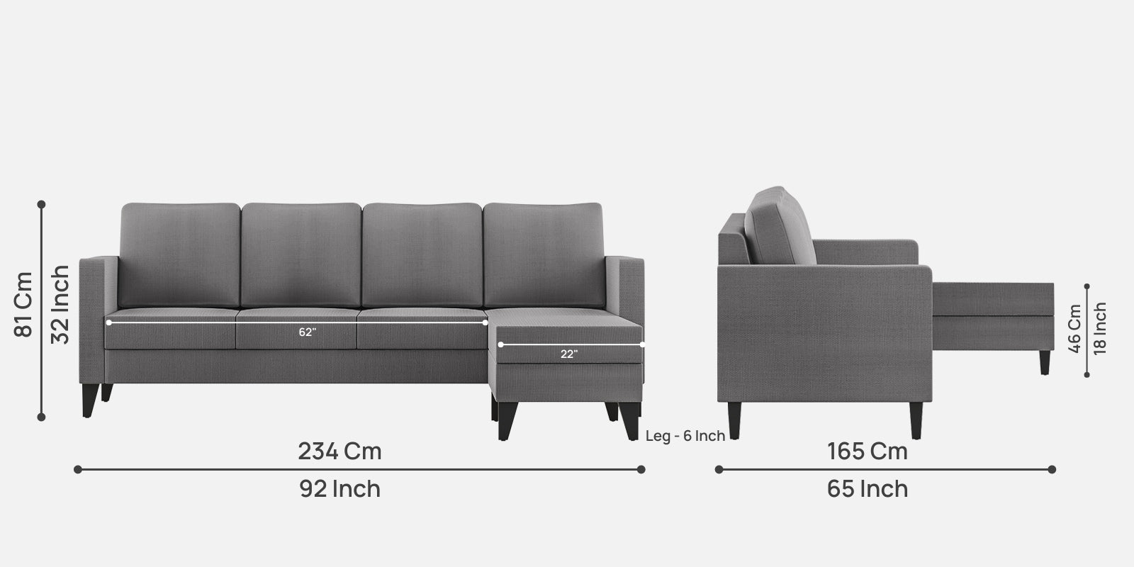 Nori Fabric LHS Sectional Sofa (3+Lounger) In Sudo Grey Colour - Febonic Living