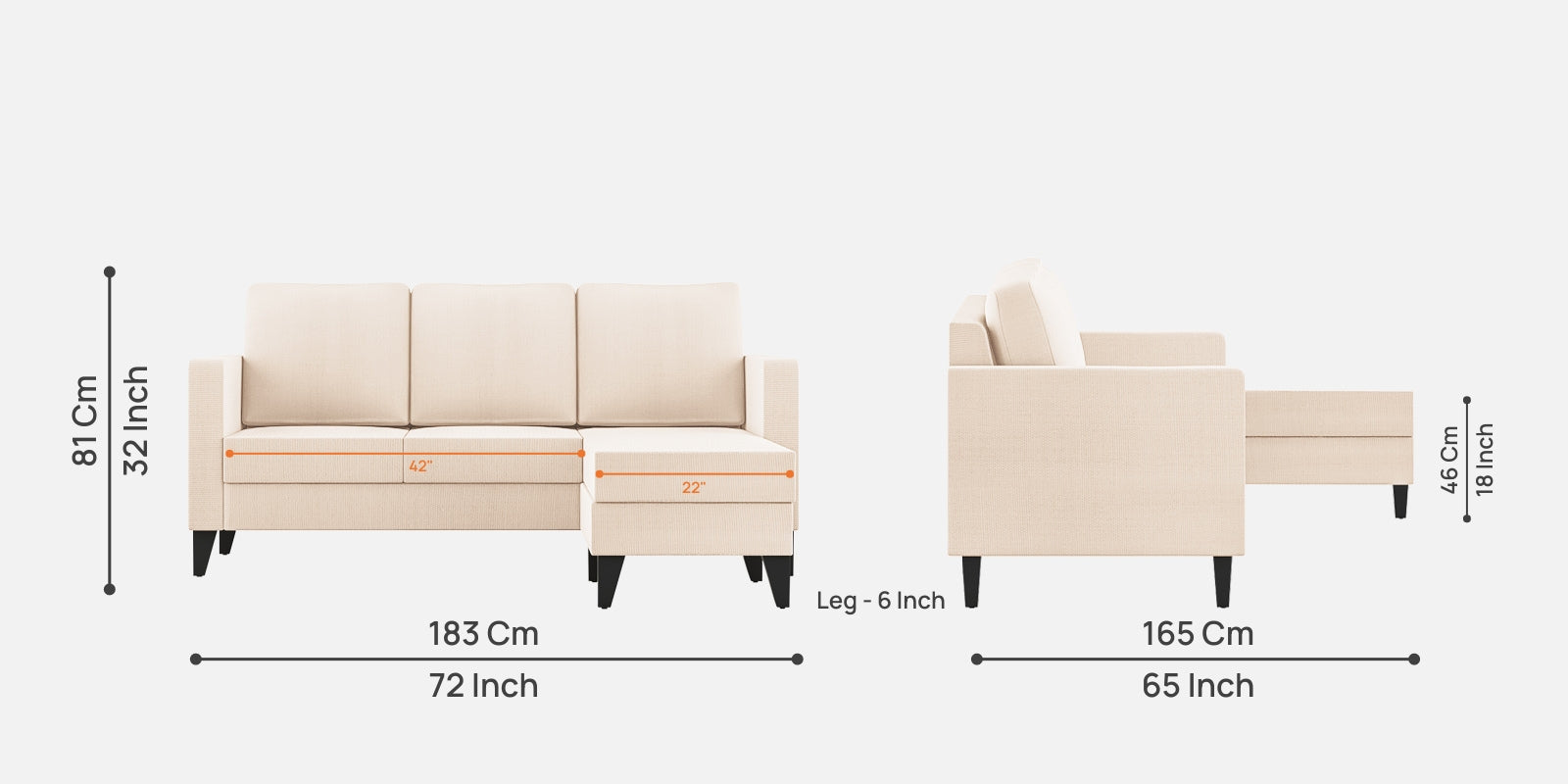 Nori Fabric LHS Sectional Sofa (2+Lounger) In Woom Beige Colour - Febonic Living