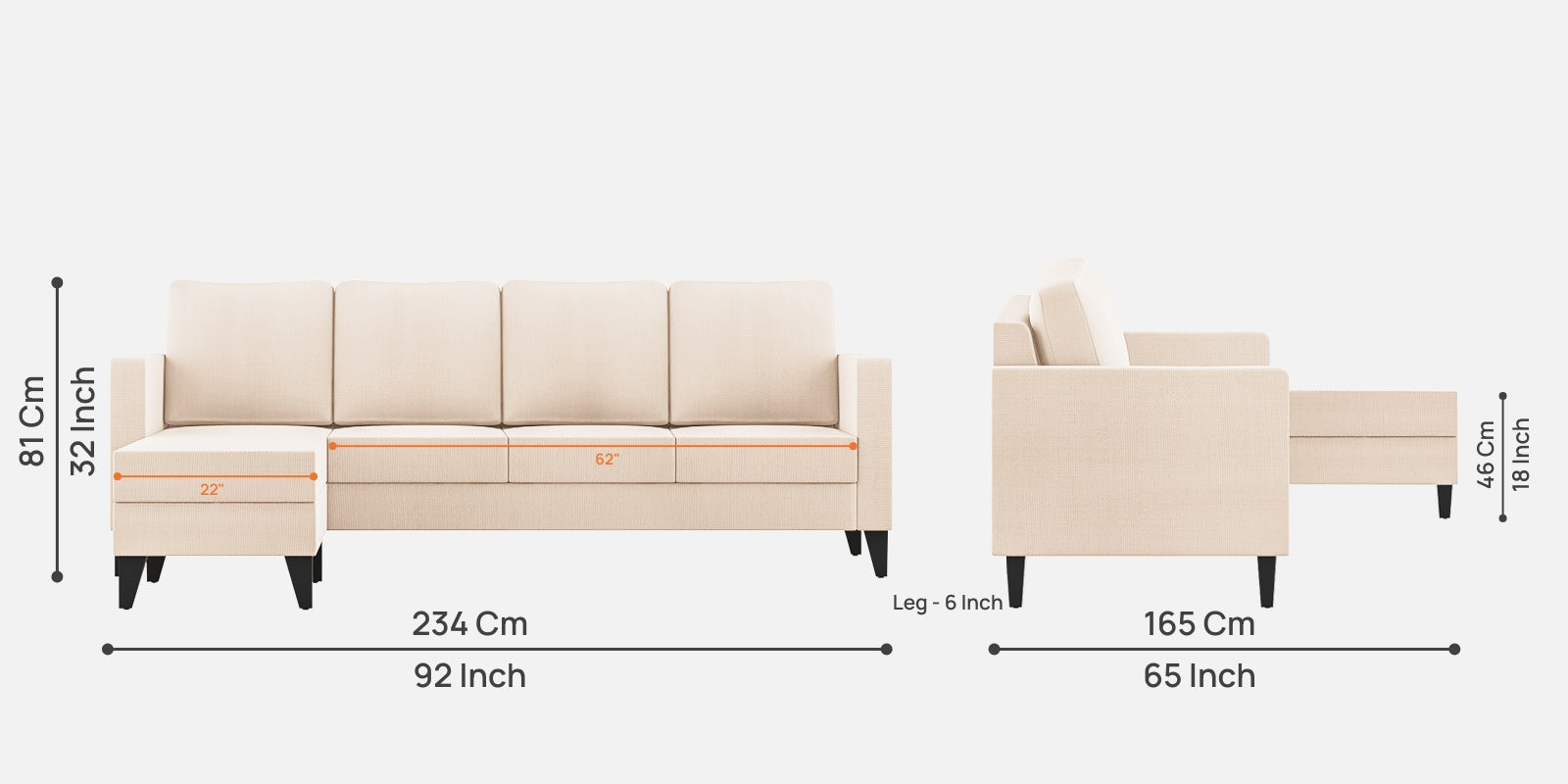 Nori Fabric RHS Sectional Sofa (3+Lounger) In Woom Beige Colour - Febonic Living