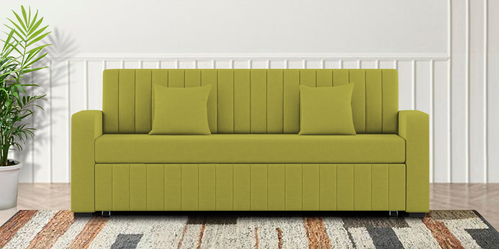 Calra Fabric 3 Seater Pull Out Sofa Cum Bed In Parrot Green Colour With Storage - Febonic Living