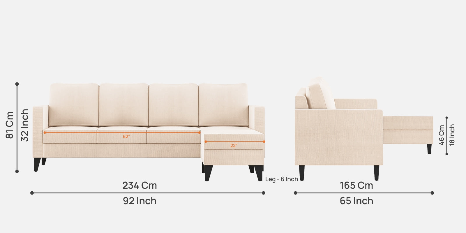 Nori Fabric LHS Sectional Sofa (3+Lounger) In Woom Beige Colour - Febonic Living