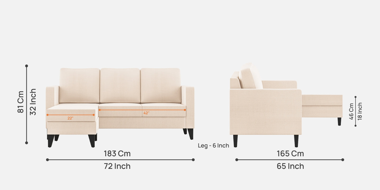 Nori Fabric RHS Sectional Sofa (2+Lounger) In Woom Beige Colour - Febonic Living