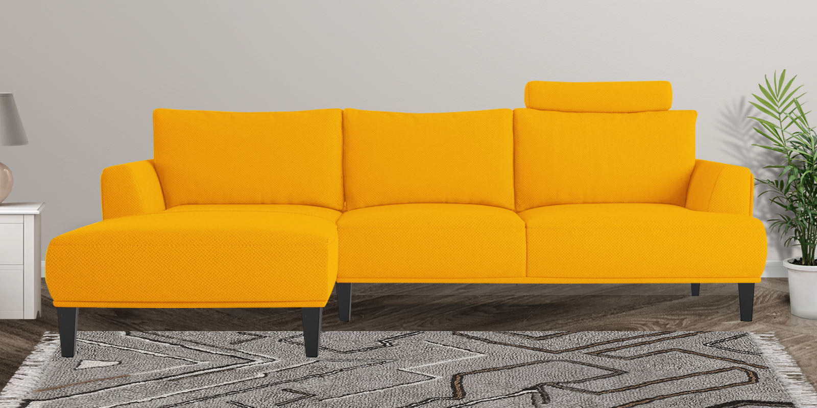 Como Fabric RHS Sectional Sofa (3+Lounger) In Bold Yellow Colour - Febonic Living