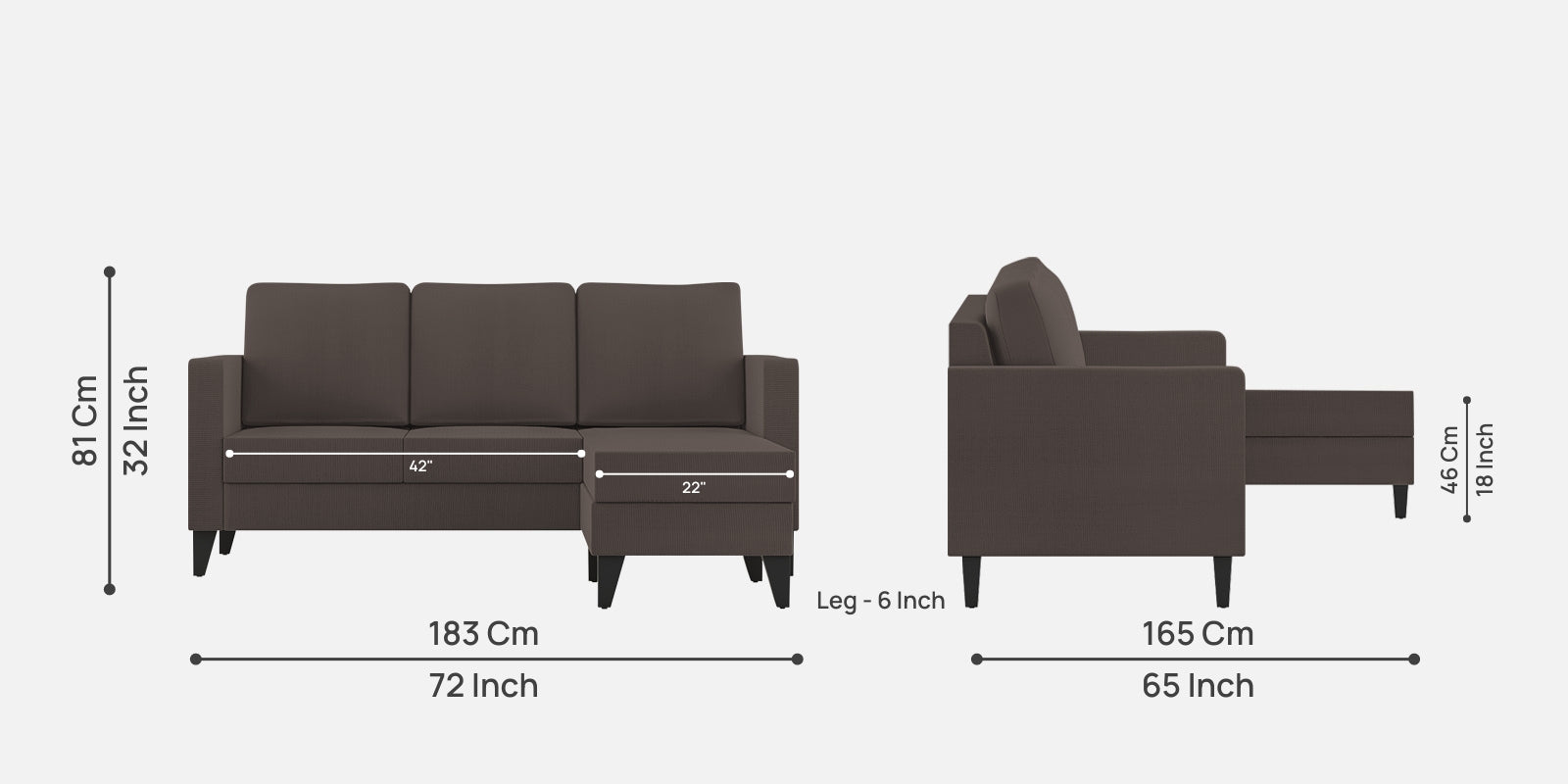 Nori Fabric LHS Sectional Sofa (2+Lounger) In Caspa Brown Colour - Febonic Living