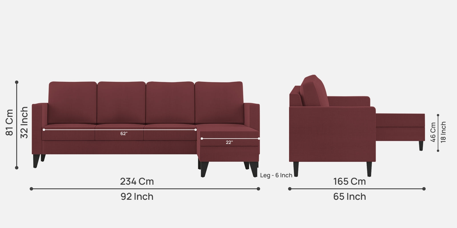 Nori Fabric LHS Sectional Sofa (3+Lounger) In Blaze Red Colour - Febonic Living