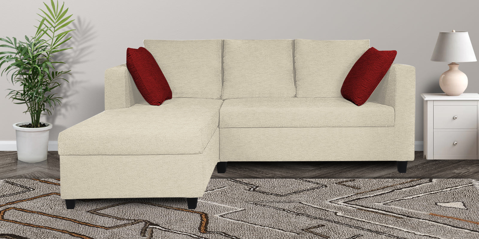 Nebula Fabric RHS Sectional Sofa (2+Lounger) In Ivory Cream Colour - Febonic Living
