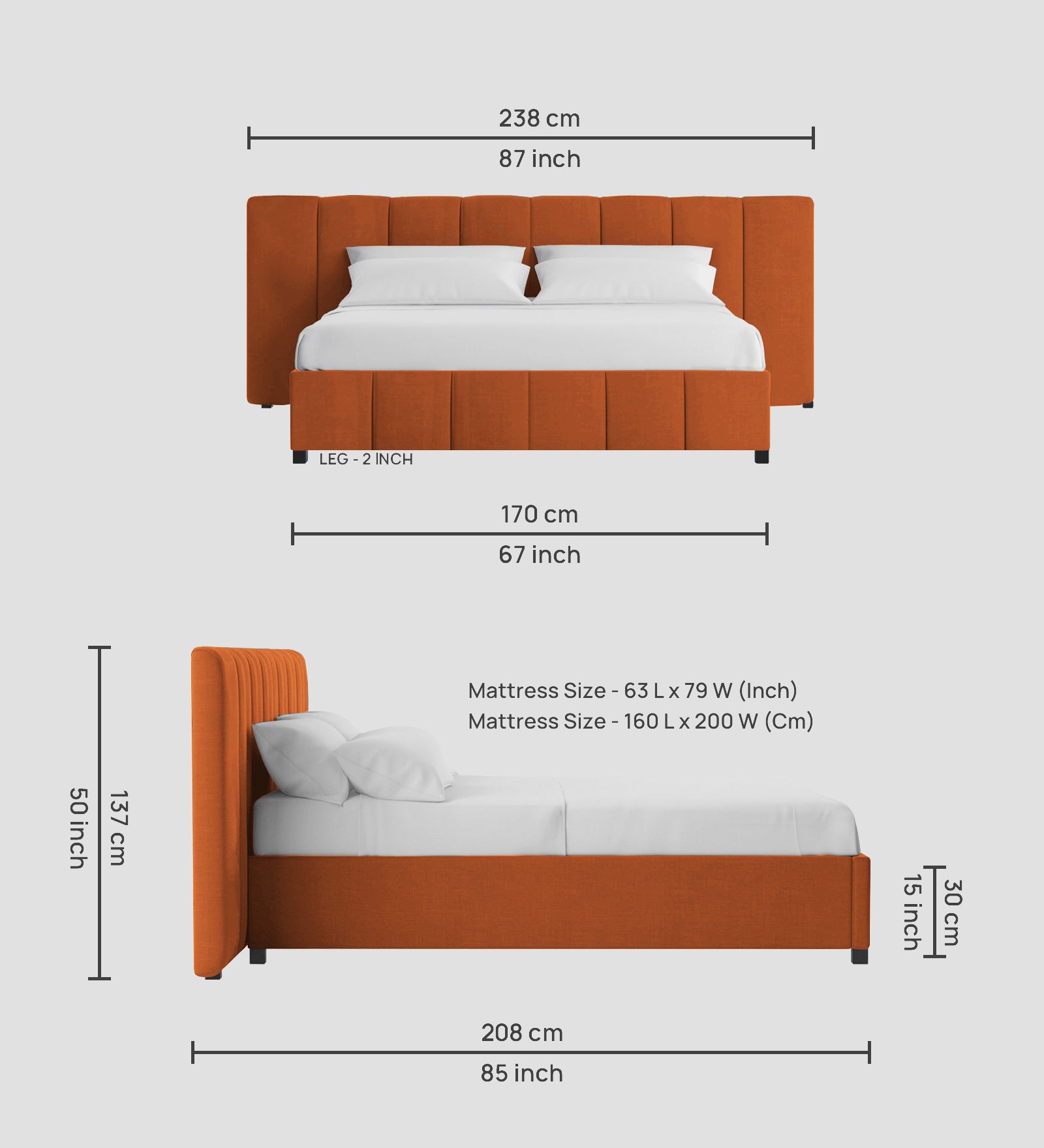 Nora Fabric Queen Size Bed In Vivid Orange Colour With Box Storage