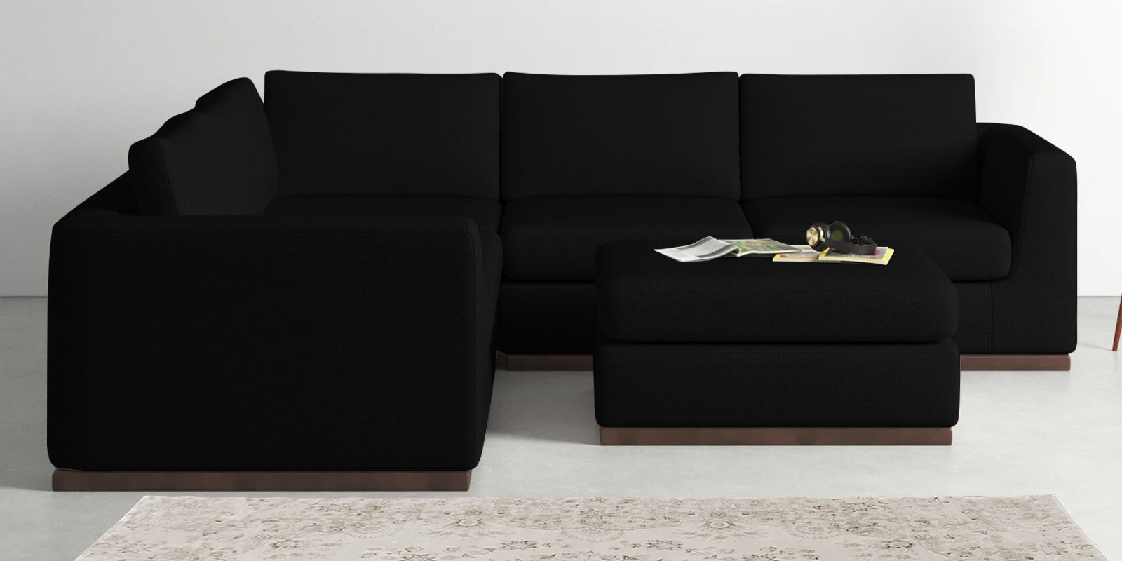 Freedom Velvet 6 Seater LHS Corner Sofa In Adam Black Colour With Ottoman - Febonic Living